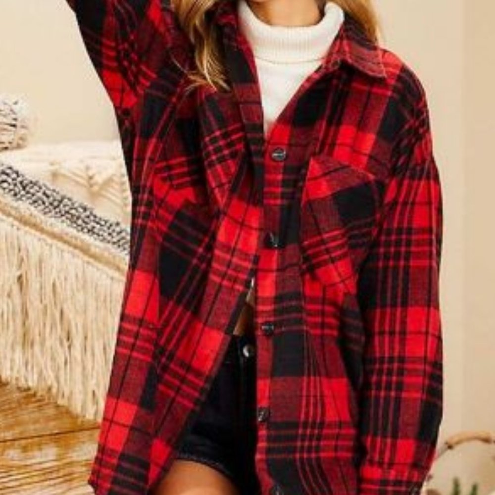 Black & Red Tartan Plaid Flannel Shacket